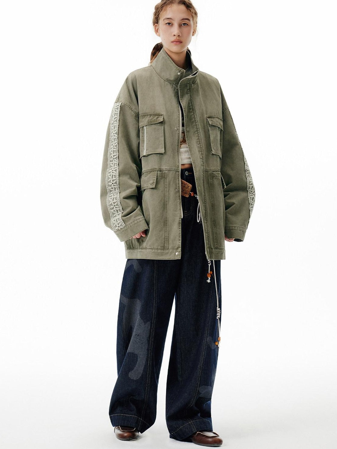 Outthe Blue Warm 100 Percent Cotton Loose Fit Stand Collar Zipper Women Washed Green Jackets
