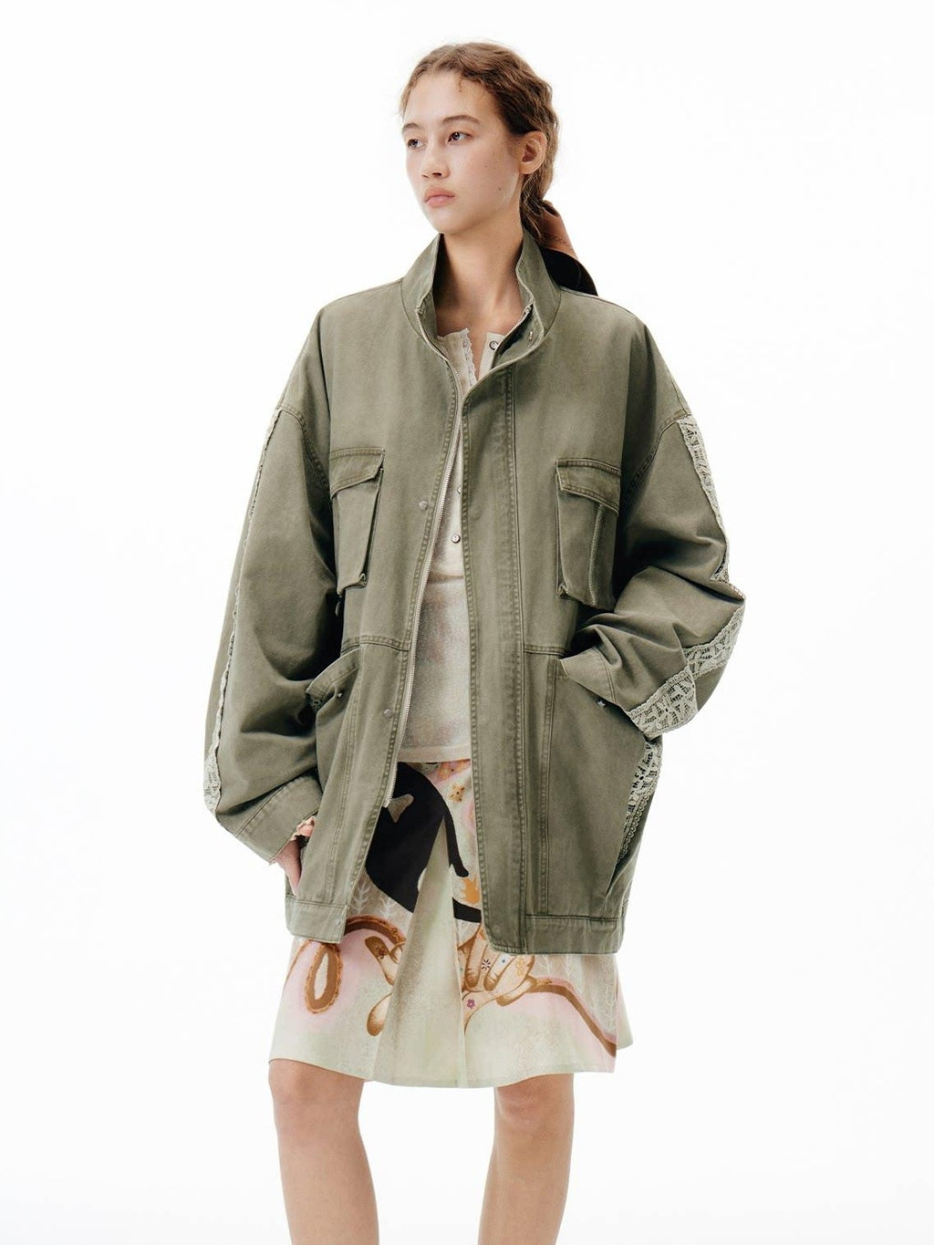 Outthe Blue Warm 100 Percent Cotton Loose Fit Stand Collar Zipper Women Washed Green Jackets