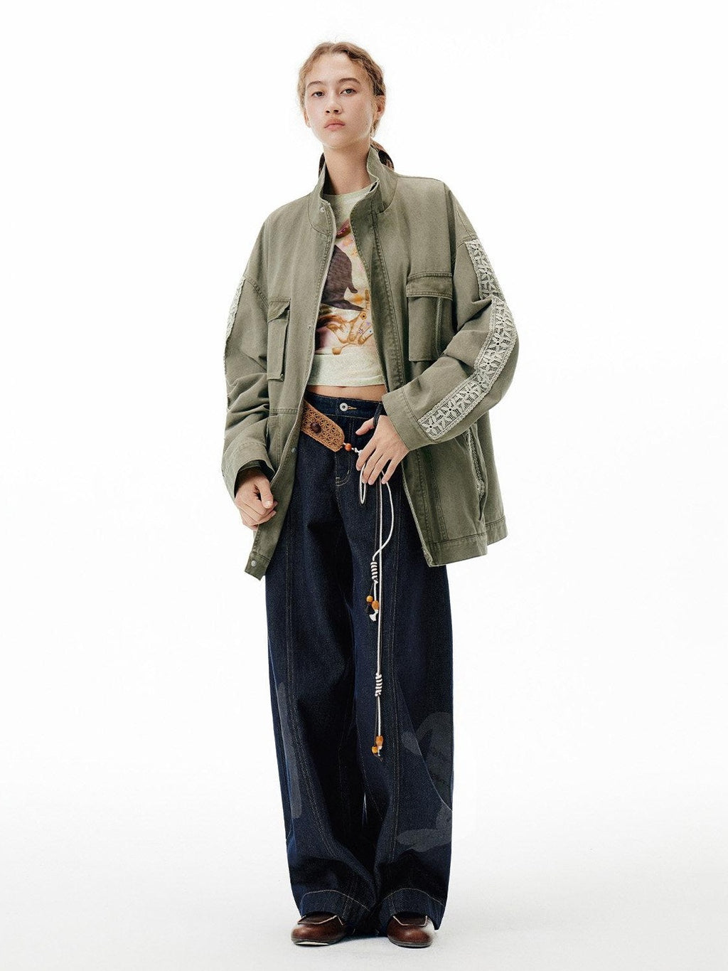Outthe Blue Warm 100 Percent Cotton Loose Fit Stand Collar Zipper Women Washed Green Jackets