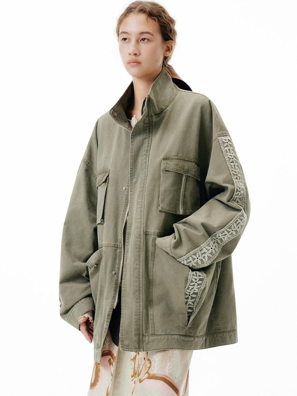 Outthe Blue Warm 100 Percent Cotton Loose Fit Stand Collar Zipper Women Washed Green Jackets