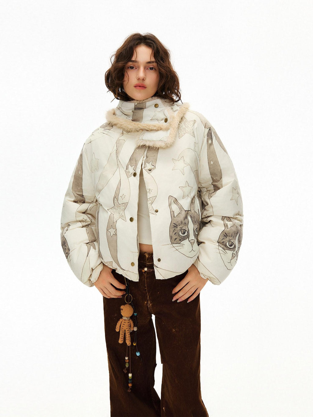 Outthe Blue Warm 90% Duck Down Short Cartoon Print Commuter Women Light Beige Down Jackets