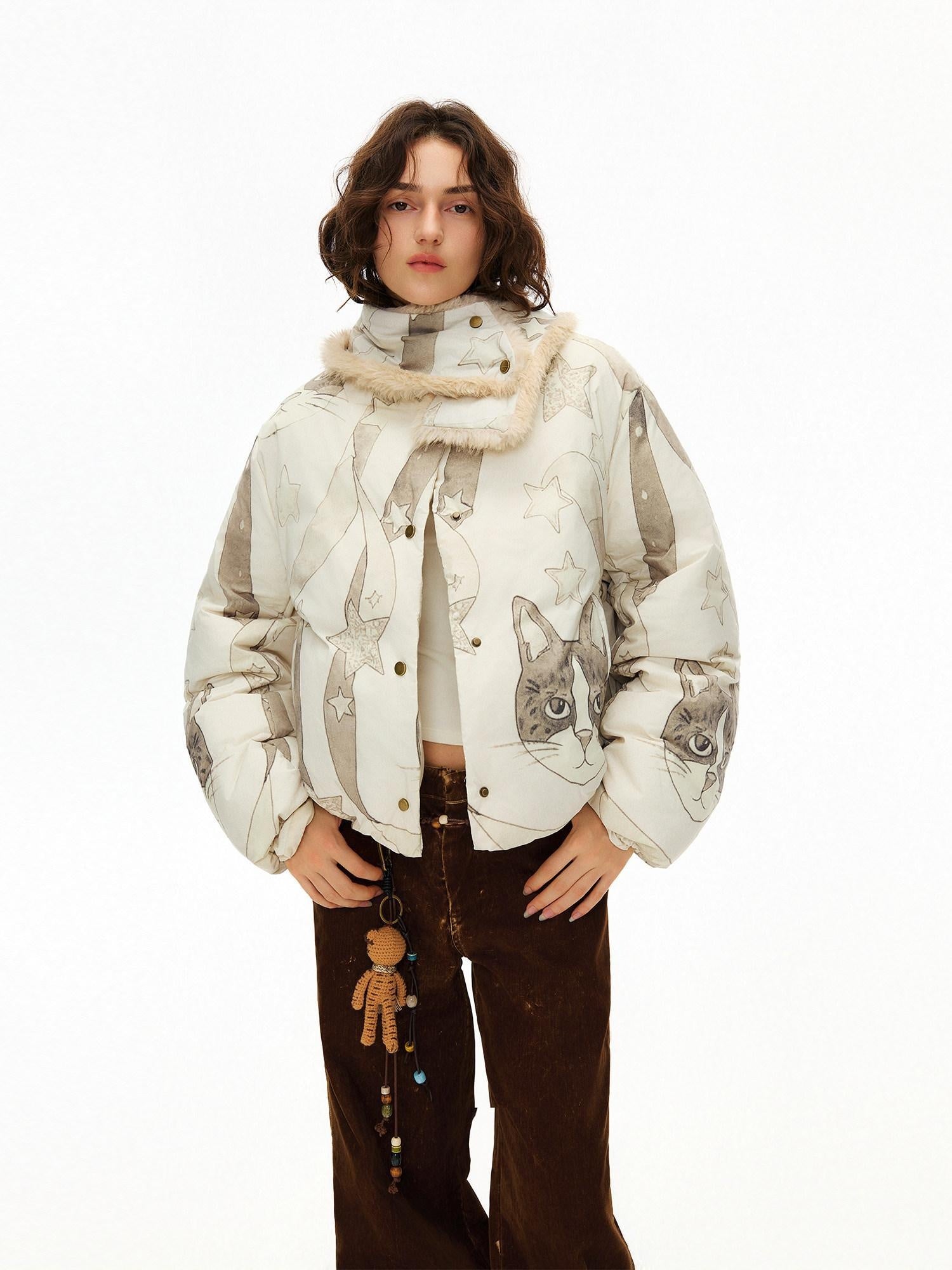 Outthe Blue Warm 90% Duck Down Short Cartoon Print Commuter Women Light Beige Down Jackets