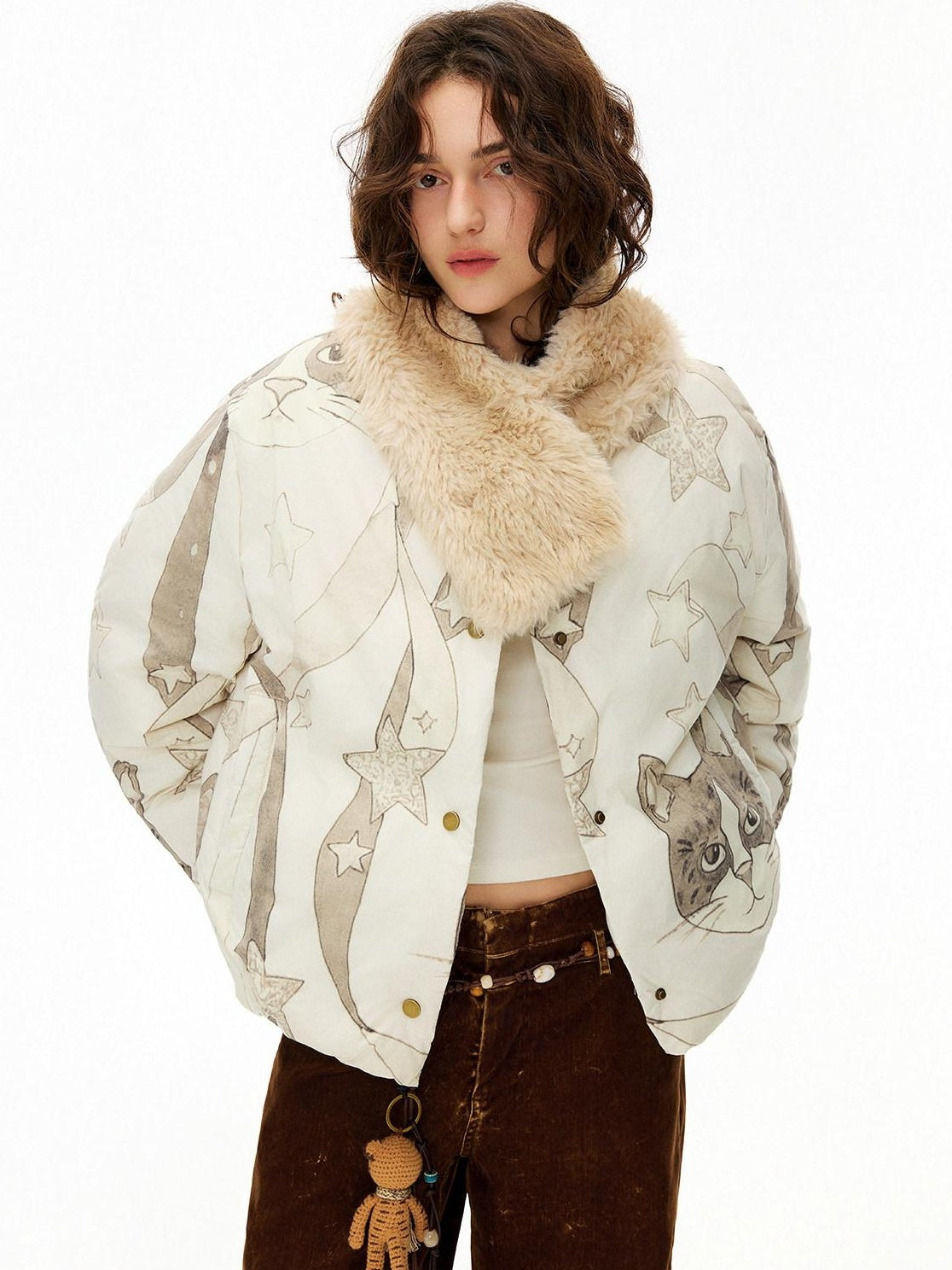 Outthe Blue Warm 90% Duck Down Short Cartoon Print Commuter Women Light Beige Down Jackets
