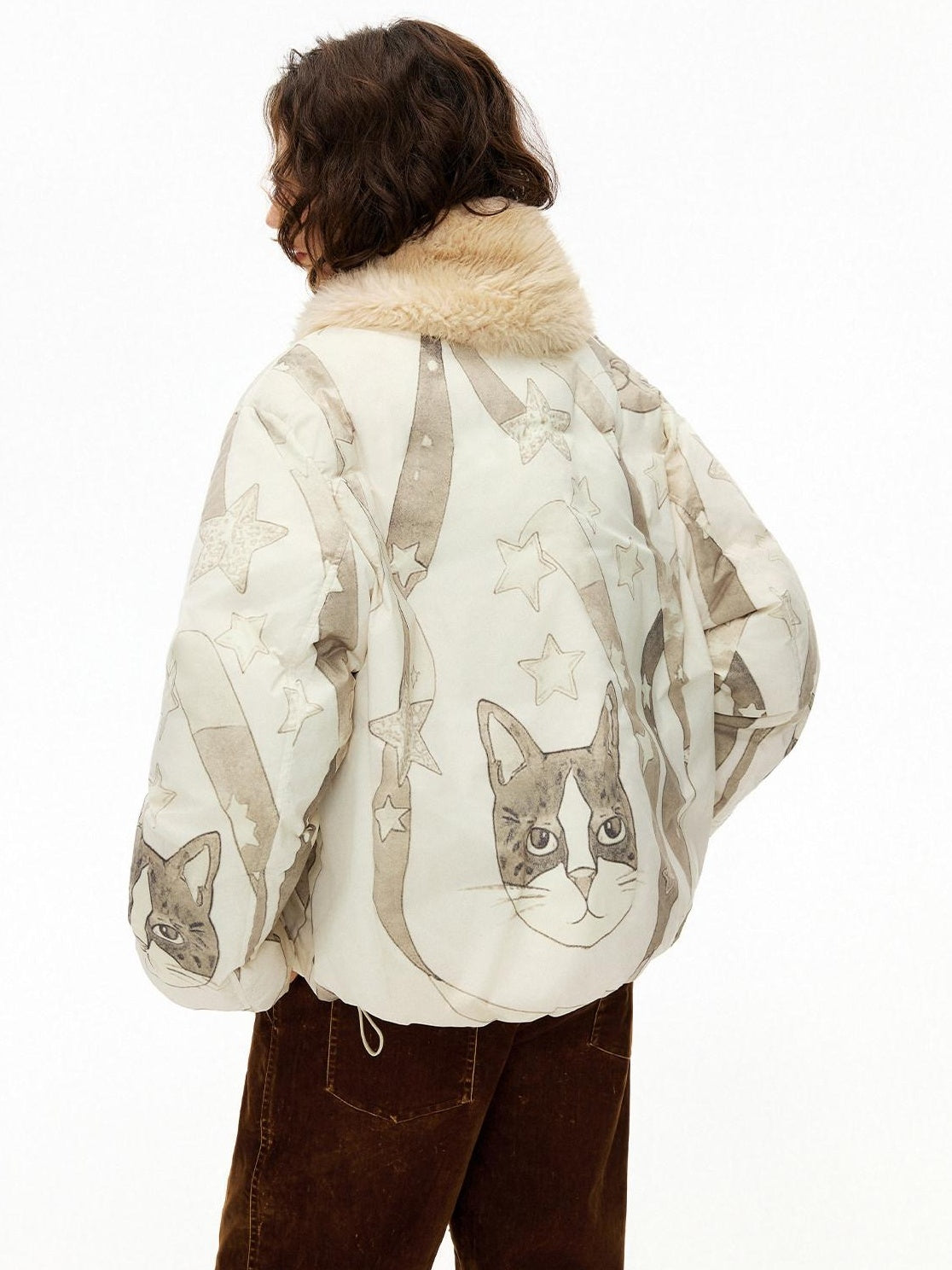 Outthe Blue Warm 90% Duck Down Short Cartoon Print Commuter Women Light Beige Down Jackets