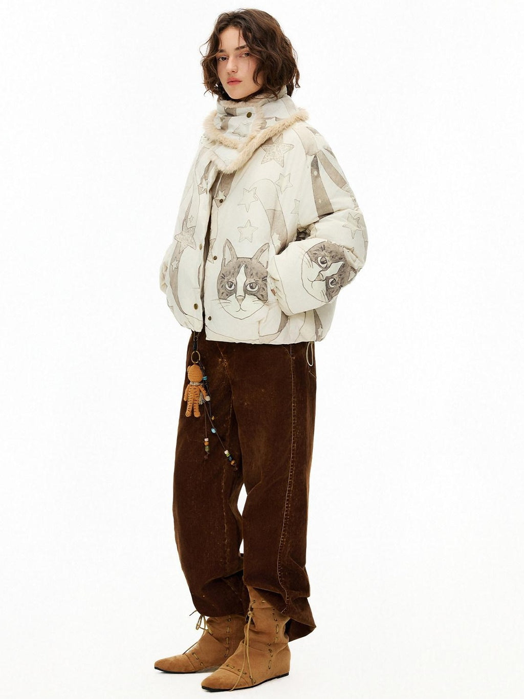 Outthe Blue Warm 90% Duck Down Short Cartoon Print Commuter Women Light Beige Down Jackets