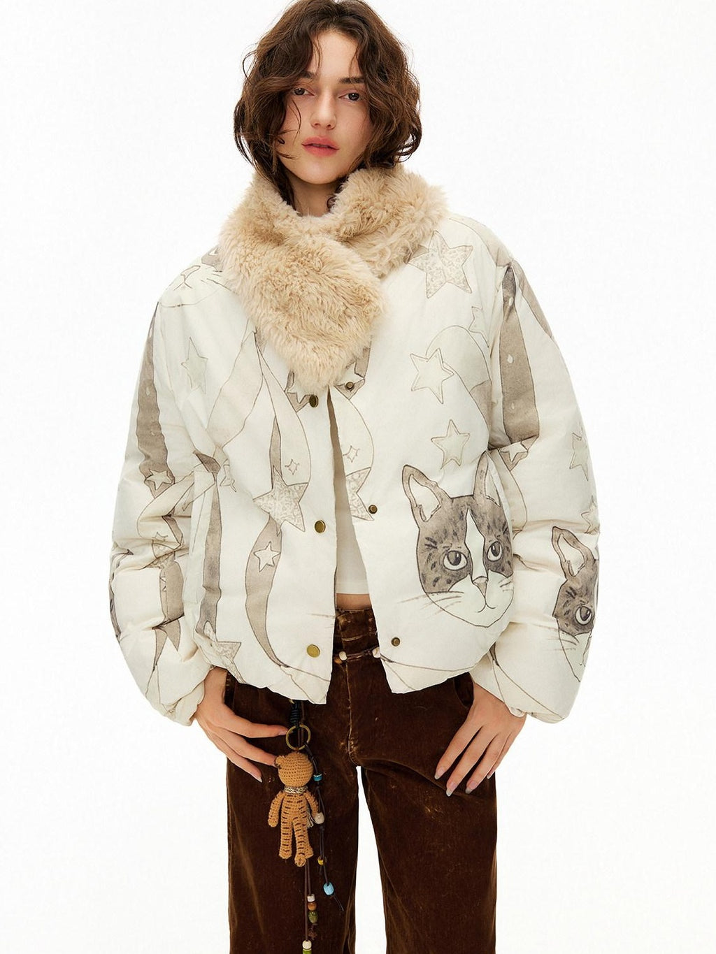 Outthe Blue Warm 90% Duck Down Short Cartoon Print Commuter Women Light Beige Down Jackets