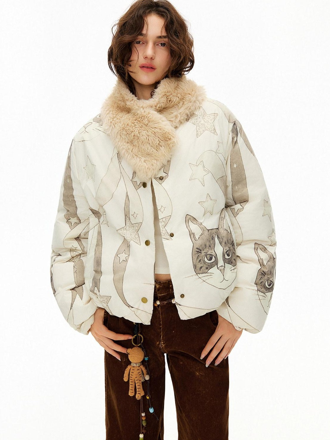Outthe Blue Warm 90% Duck Down Short Cartoon Print Commuter Women Light Beige Down Jackets