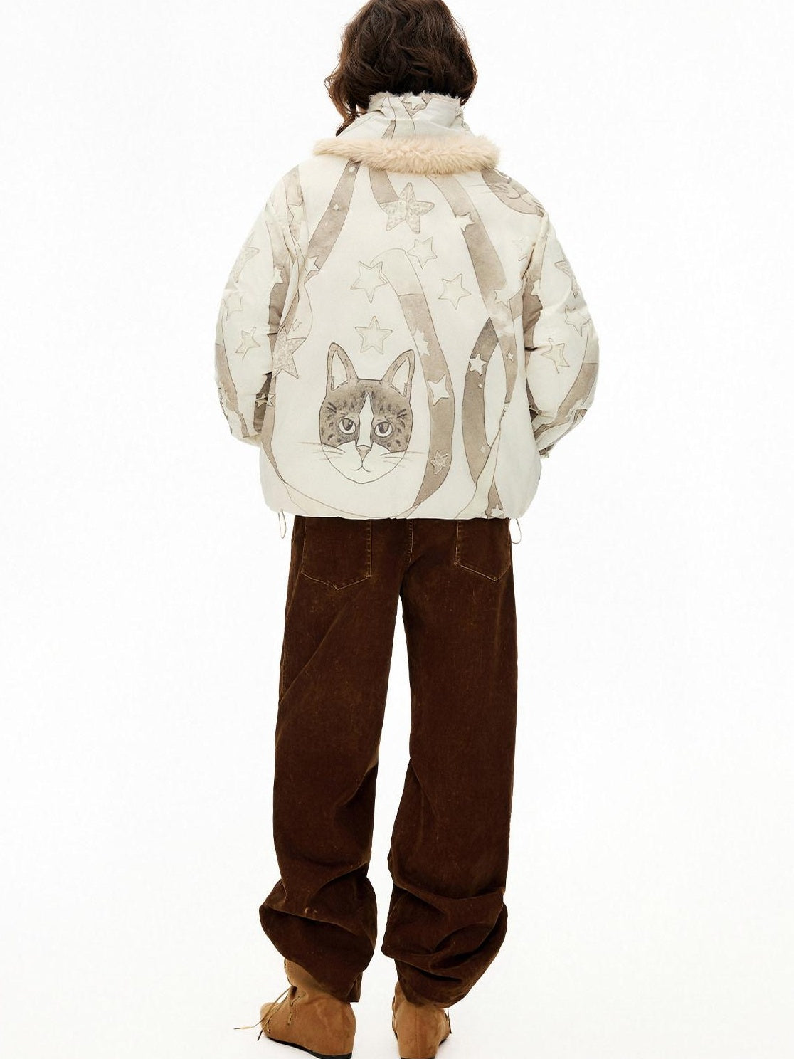 Outthe Blue Warm 90% Duck Down Short Cartoon Print Commuter Women Light Beige Down Jackets