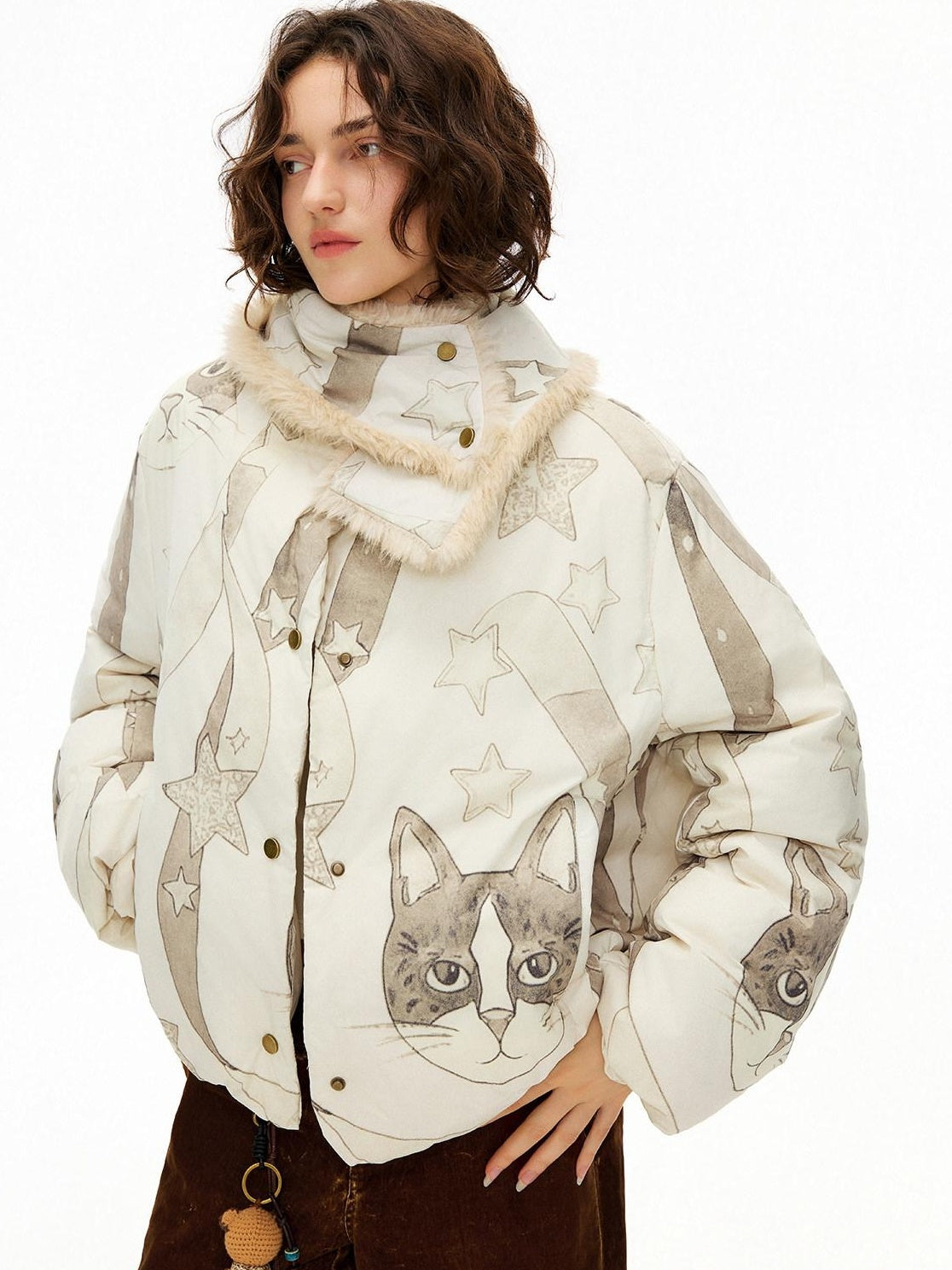 Outthe Blue Warm 90% Duck Down Short Cartoon Print Commuter Women Light Beige Down Jackets