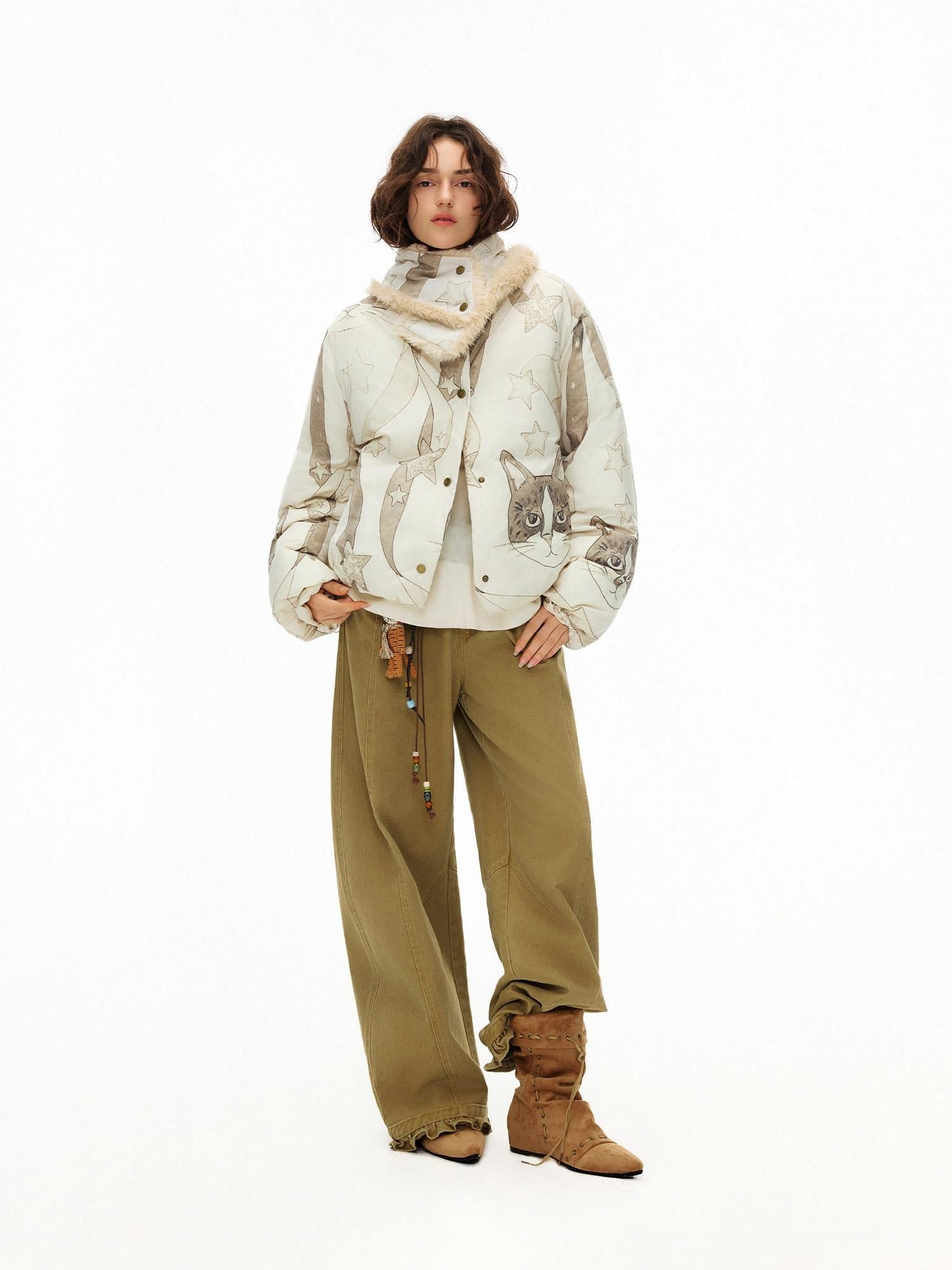 Outthe Blue Warm 90% Duck Down Short Cartoon Print Commuter Women Light Beige Down Jackets
