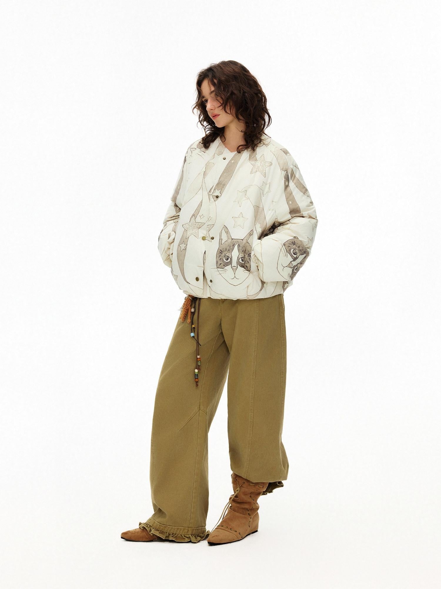 Outthe Blue Warm 90% Duck Down Short Cartoon Print Commuter Women Light Beige Down Jackets