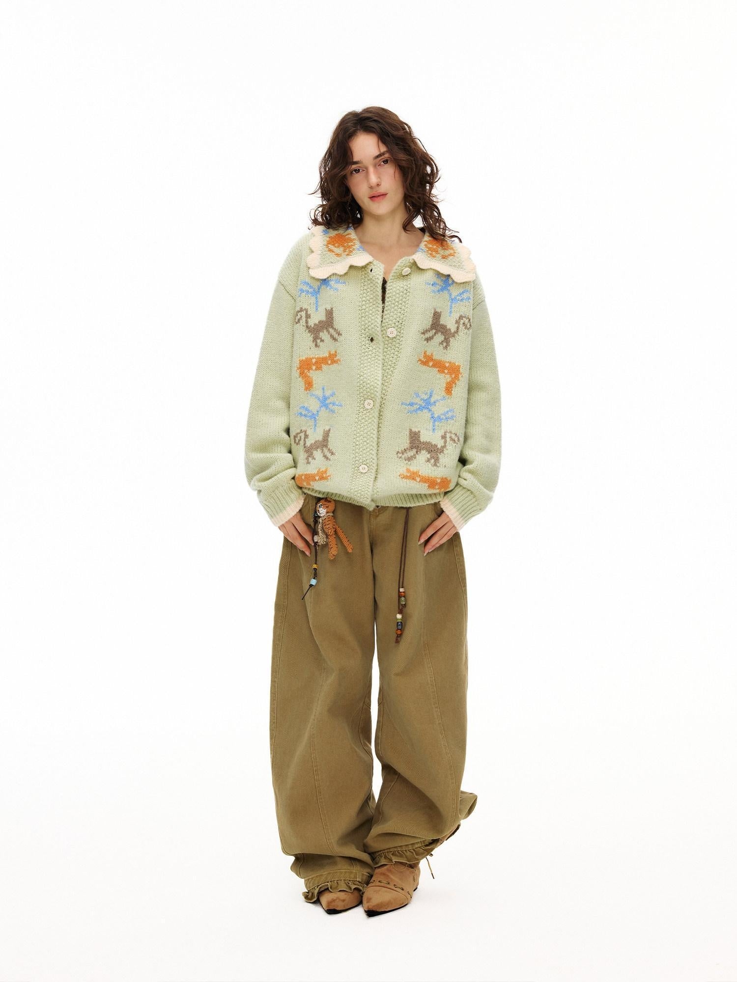 Outthe Blue Warm Acrylic Wool Commuter Loose Jacquard Mint Green Cardigans