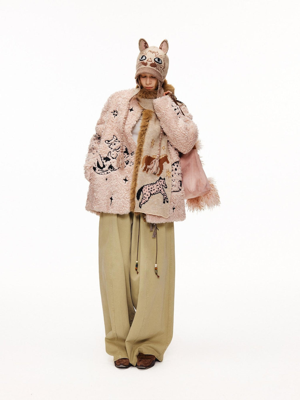 Outthe Blue Warm Thick Cotton Lined Embroidered Sweet Loose Women Dusty Pink Puffer Jackets