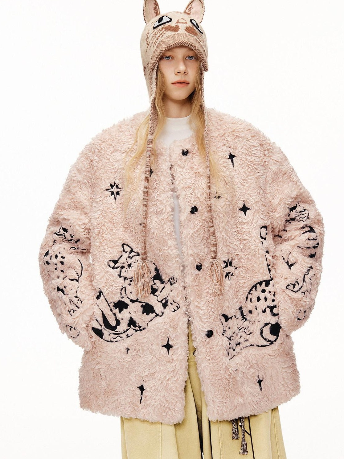 Outthe Blue Warm Thick Cotton Lined Embroidered Sweet Loose Women Dusty Pink Puffer Jackets