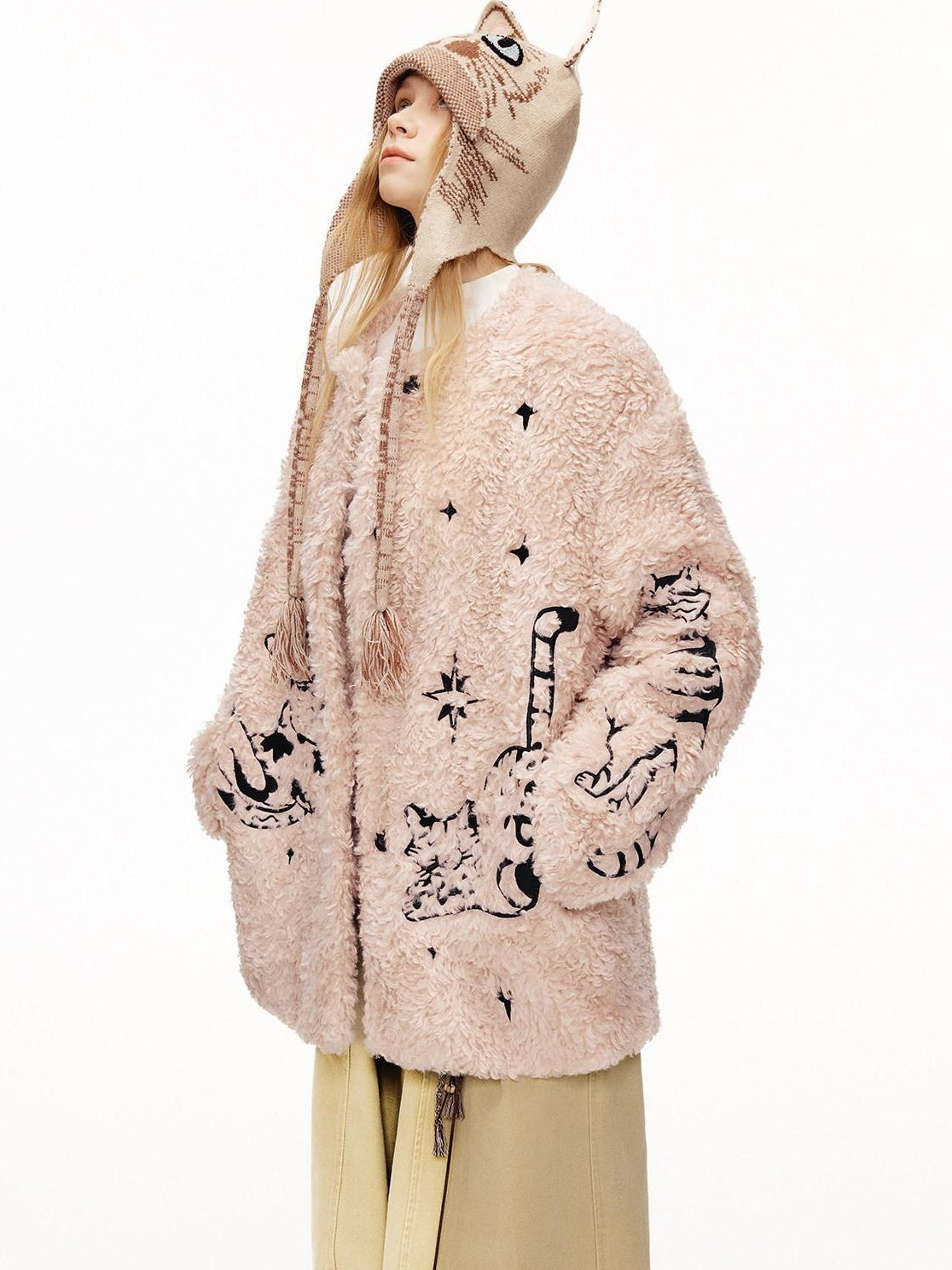 Outthe Blue Warm Thick Cotton Lined Embroidered Sweet Loose Women Dusty Pink Puffer Jackets