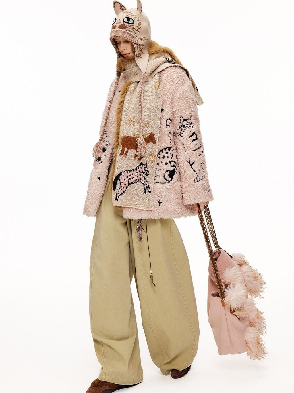 Outthe Blue Warm Thick Cotton Lined Embroidered Sweet Loose Women Dusty Pink Puffer Jackets