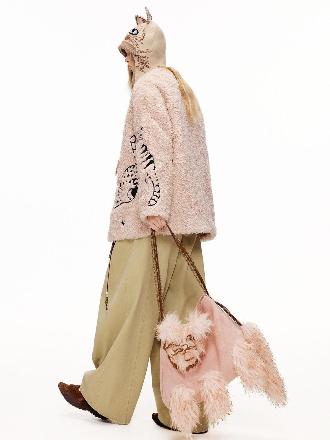 Outthe Blue Warm Thick Cotton Lined Embroidered Sweet Loose Women Dusty Pink Puffer Jackets