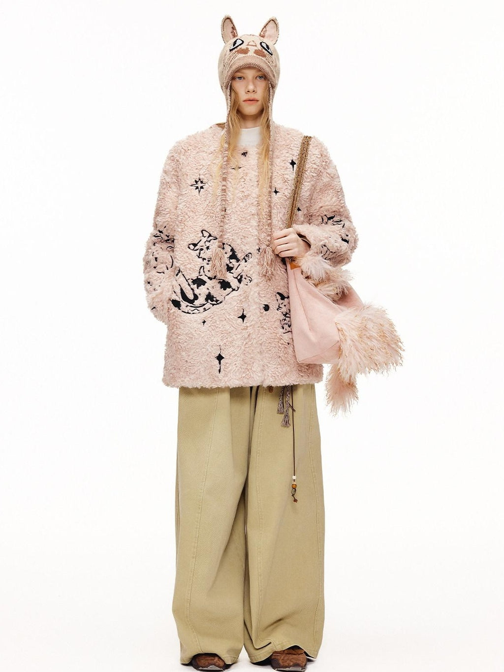 Outthe Blue Warm Thick Cotton Lined Embroidered Sweet Loose Women Dusty Pink Puffer Jackets