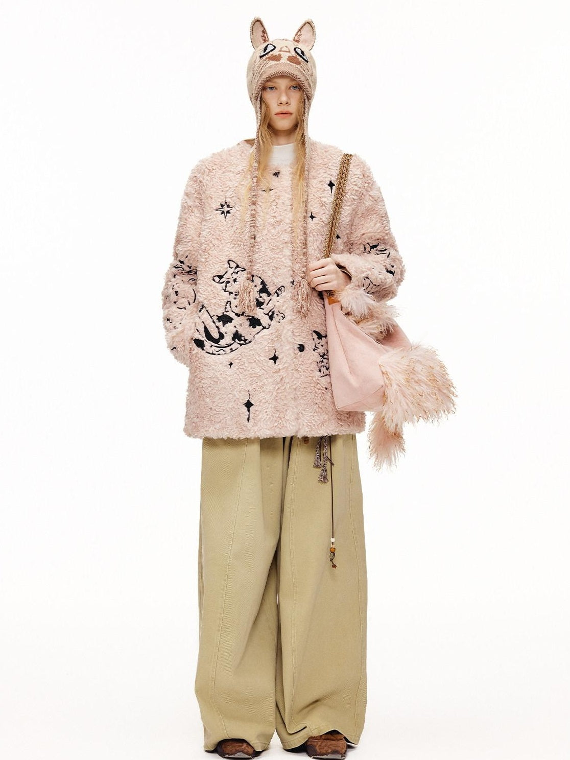 Outthe Blue Warm Thick Cotton Lined Embroidered Sweet Loose Women Dusty Pink Puffer Jackets