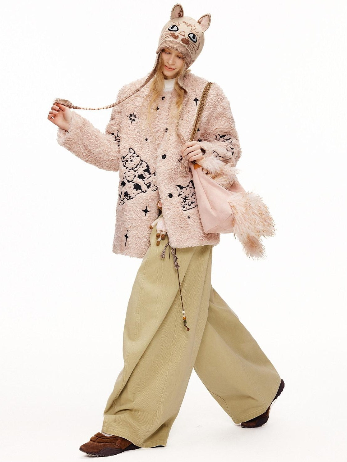 Outthe Blue Warm Thick Cotton Lined Embroidered Sweet Loose Women Dusty Pink Puffer Jackets