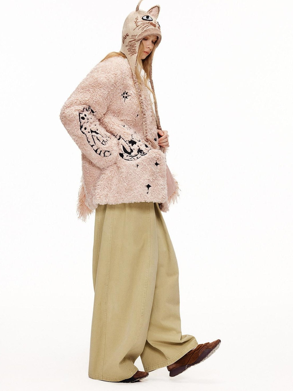 Outthe Blue Warm Thick Cotton Lined Embroidered Sweet Loose Women Dusty Pink Puffer Jackets