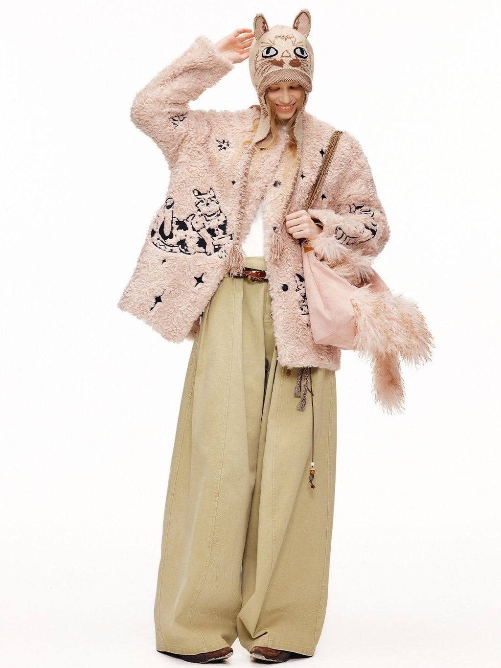 Outthe Blue Warm Thick Cotton Lined Embroidered Sweet Loose Women Dusty Pink Puffer Jackets