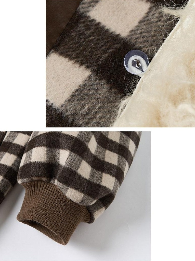 Outthe Blue Warm Wool Blend Single Breasted Loose Fit Commuter Brown Beige Plaid Jackets