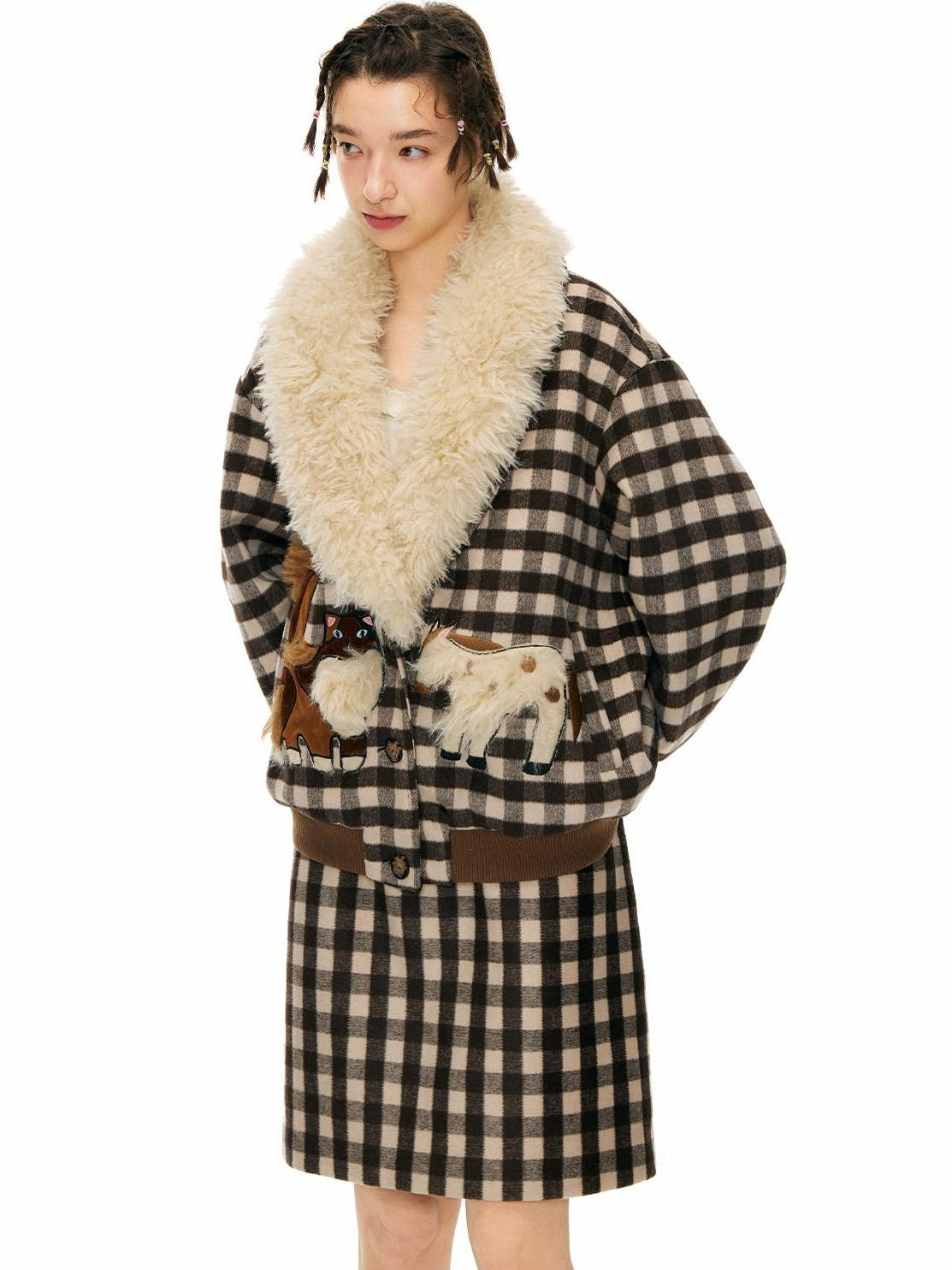 Outthe Blue Warm Wool Blend Single Breasted Loose Fit Commuter Brown Beige Plaid Jackets