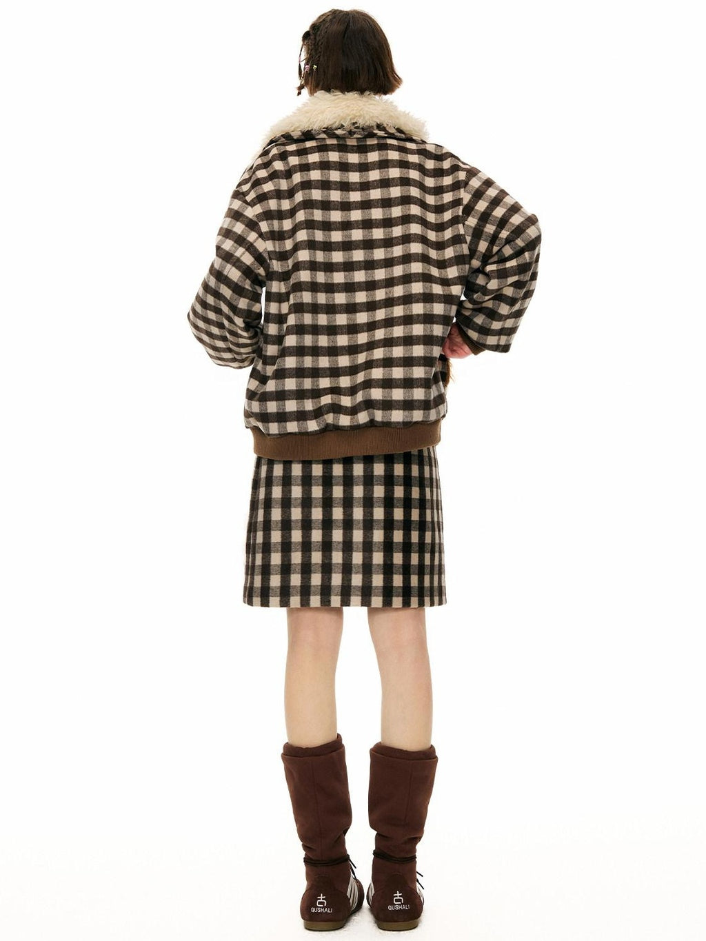 Outthe Blue Warm Wool Blend Single Breasted Loose Fit Commuter Brown Beige Plaid Jackets