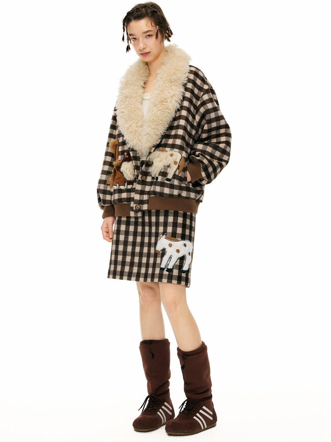 Outthe Blue Warm Wool Blend Single Breasted Loose Fit Commuter Brown Beige Plaid Jackets