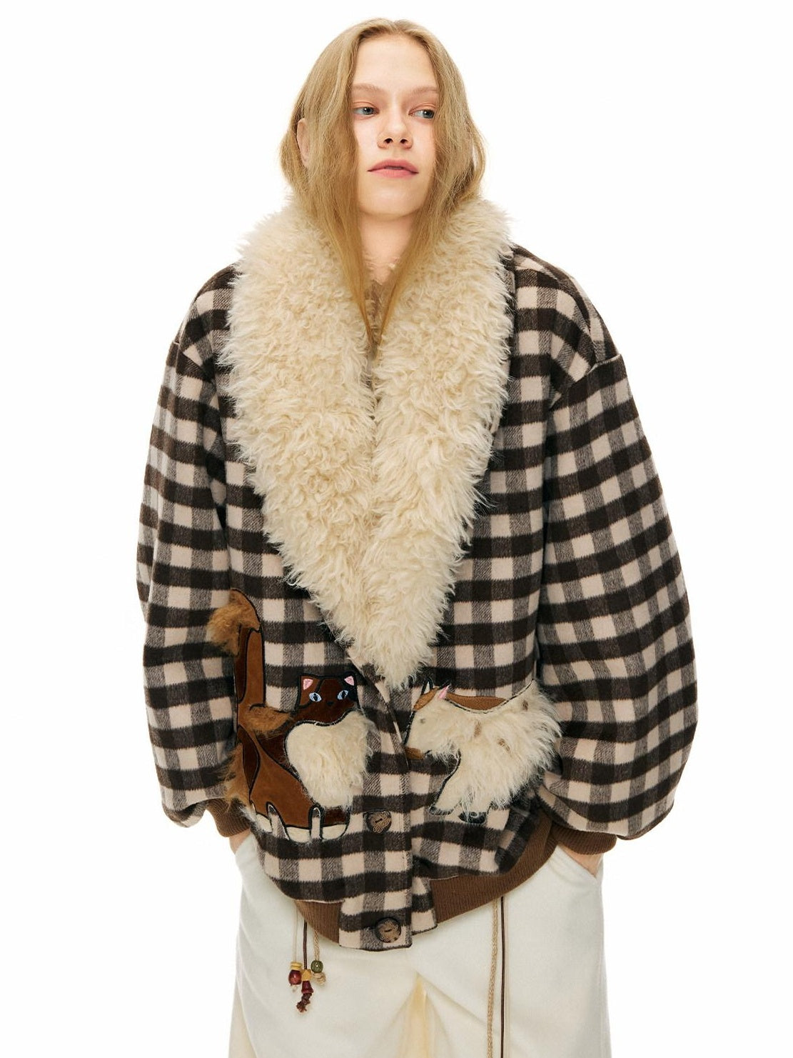 Outthe Blue Warm Wool Blend Single Breasted Loose Fit Commuter Brown Beige Plaid Jackets