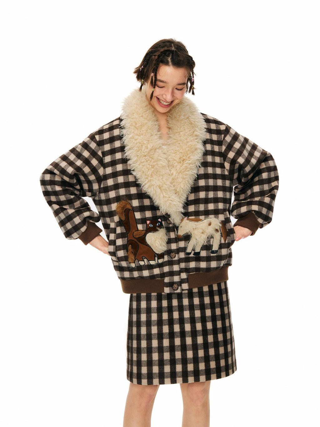 Outthe Blue Warm Wool Blend Single Breasted Loose Fit Commuter Brown Beige Plaid Jackets