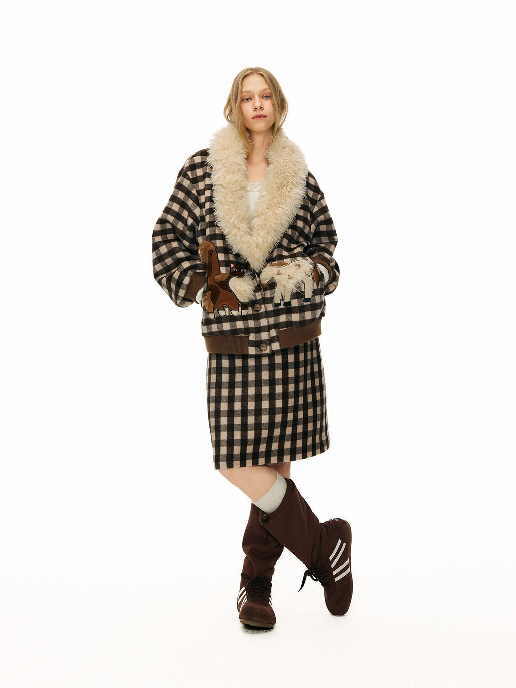 Outthe Blue Warm Wool Blend Single Breasted Loose Fit Commuter Brown Beige Plaid Jackets