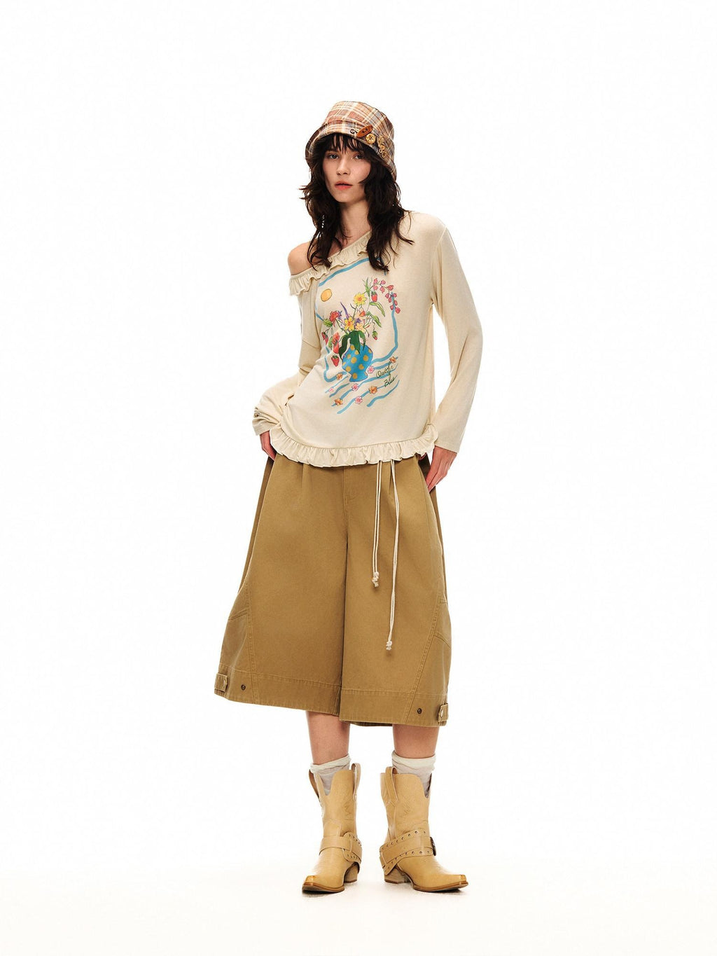 Outthe Blue Wool Blend Lace Casual Loose Fit Oatmeal Floral Round Neck Long Sleeve T-Shirts