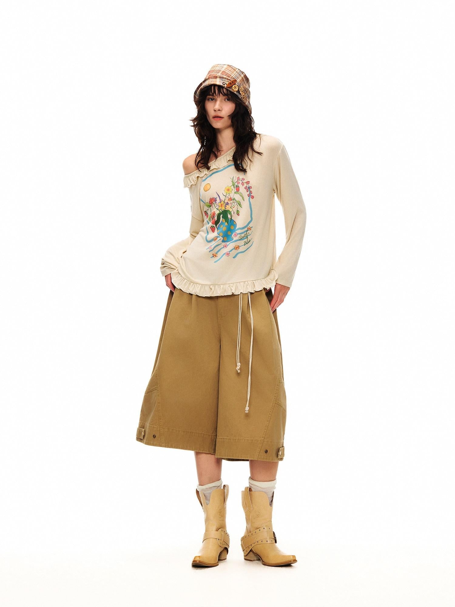 Outthe Blue Wool Blend Lace Casual Loose Fit Oatmeal Floral Round Neck Long Sleeve T-Shirts