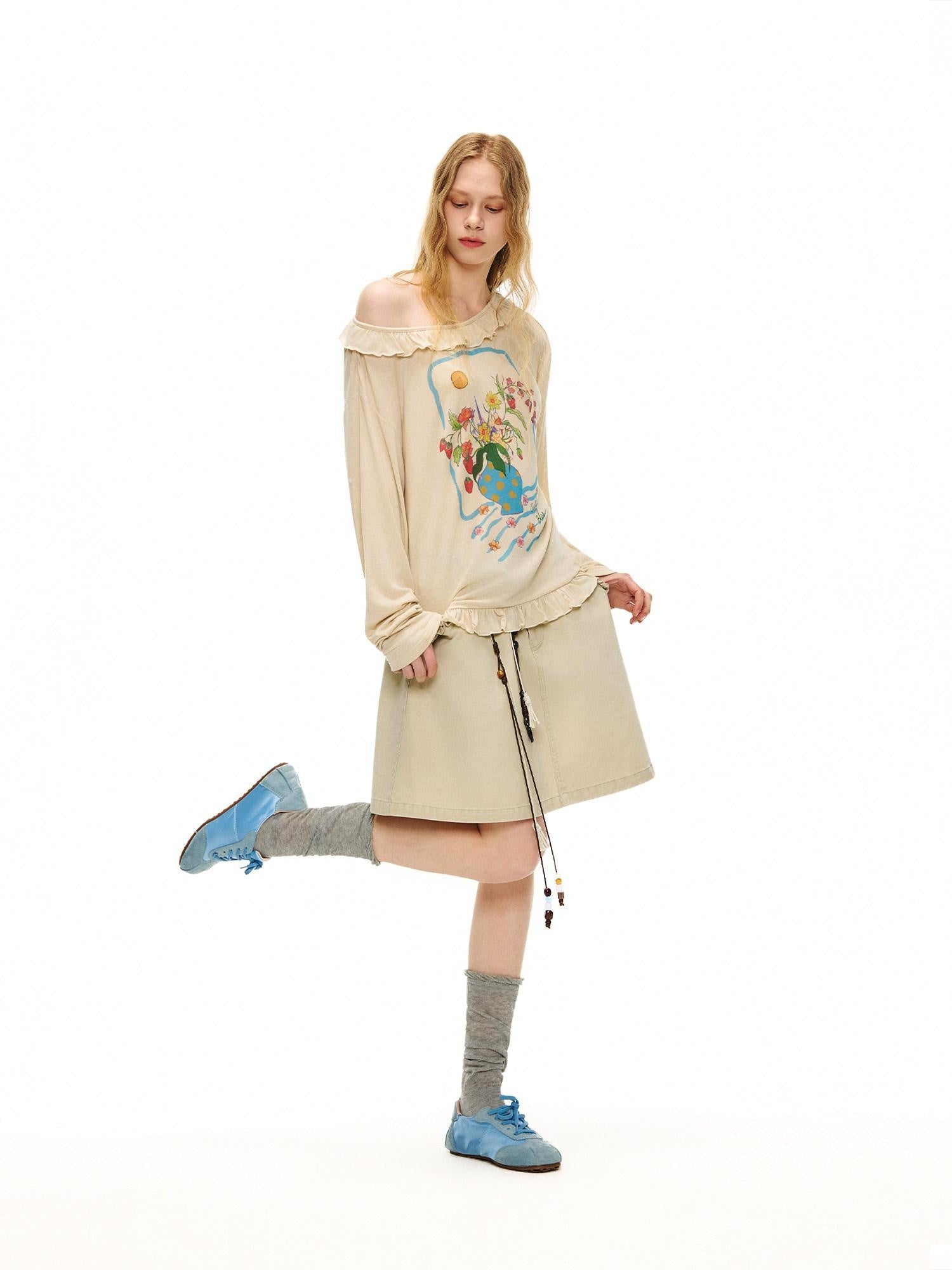 Outthe Blue Wool Blend Lace Casual Loose Fit Oatmeal Floral Round Neck Long Sleeve T-Shirts