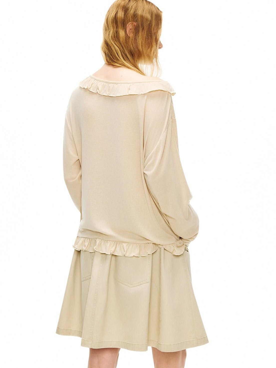 Outthe Blue Wool Blend Lace Casual Loose Fit Oatmeal Floral Round Neck Long Sleeve T-Shirts