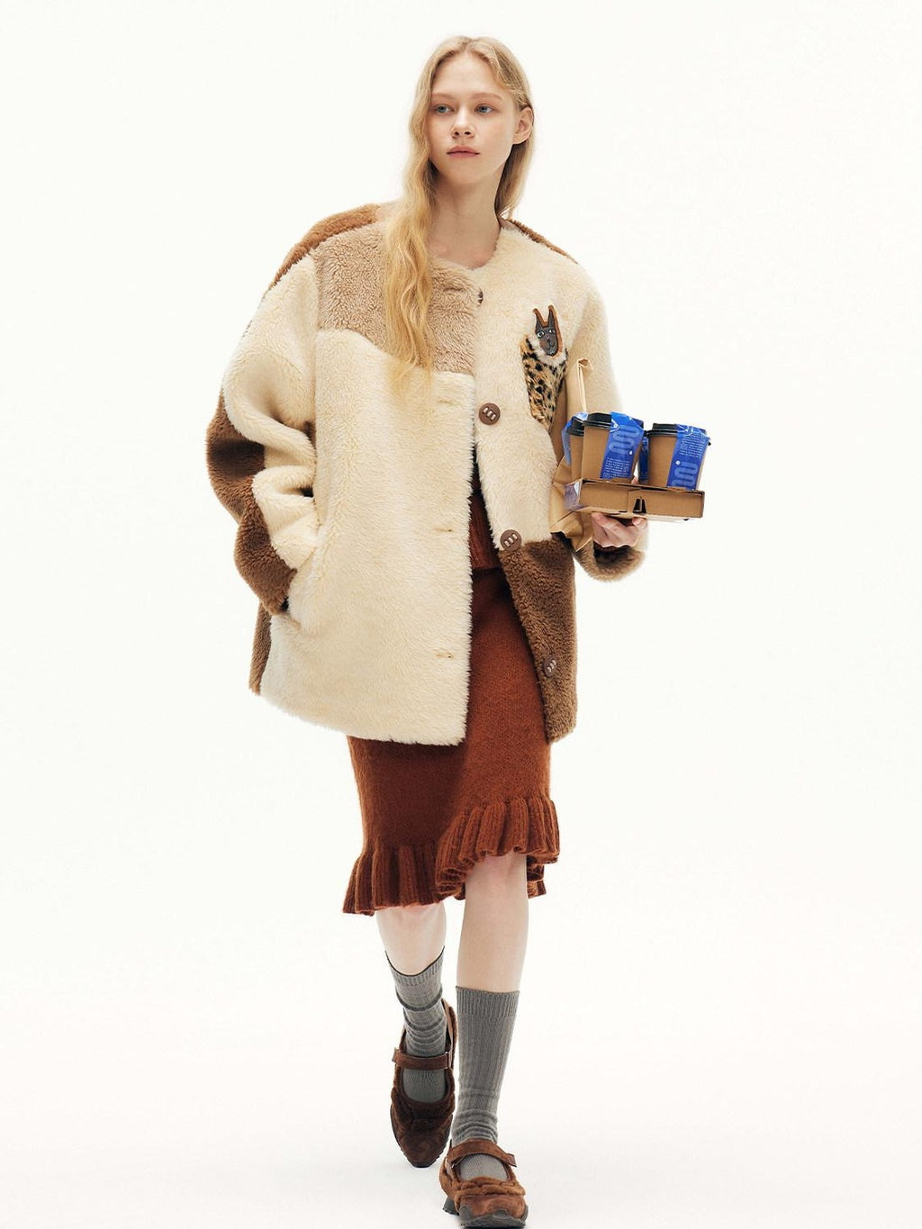 Outthe Blue Wool Blend Warm Casual Straight Cut Mid Length Women Beige Camel Classic Jackets