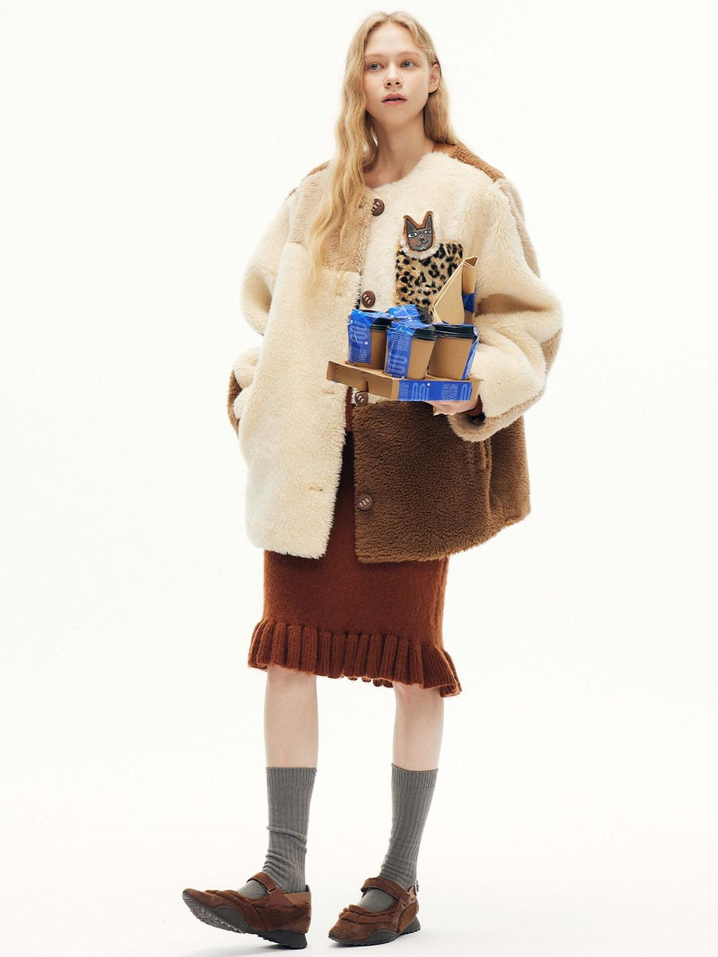 Outthe Blue Wool Blend Warm Casual Straight Cut Mid Length Women Beige Camel Classic Jackets