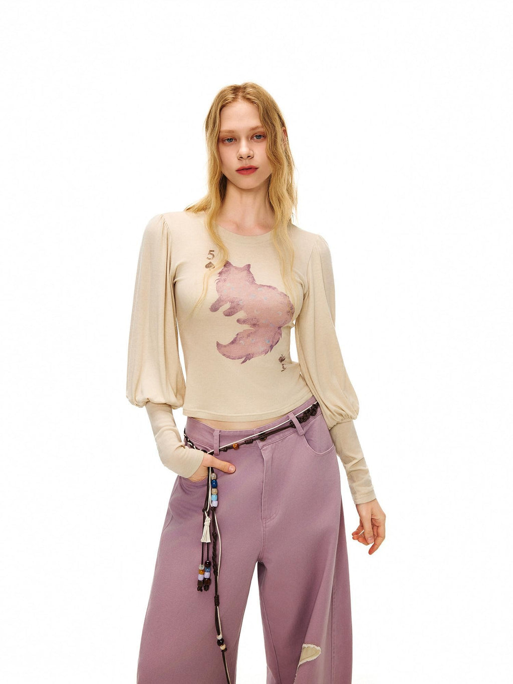 Outthe Blue Wool Retro Slim Puff Sleeve Crop Crew Women Animal Oatmeal Long Sleeve T-Shirts