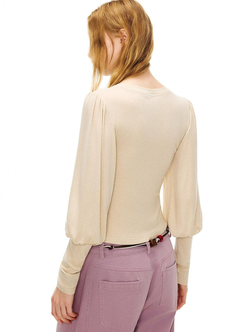 Outthe Blue Wool Retro Slim Puff Sleeve Crop Crew Women Animal Oatmeal Long Sleeve T-Shirts
