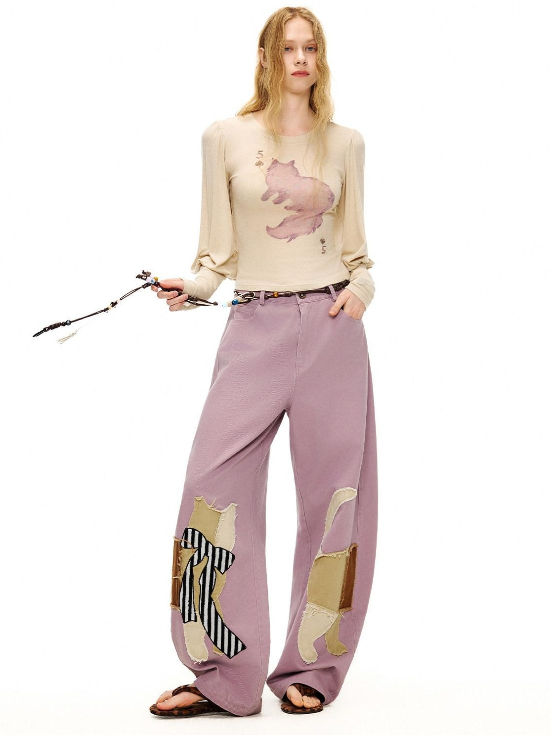 Outthe Blue Wool Retro Slim Puff Sleeve Crop Crew Women Animal Oatmeal Long Sleeve T-Shirts