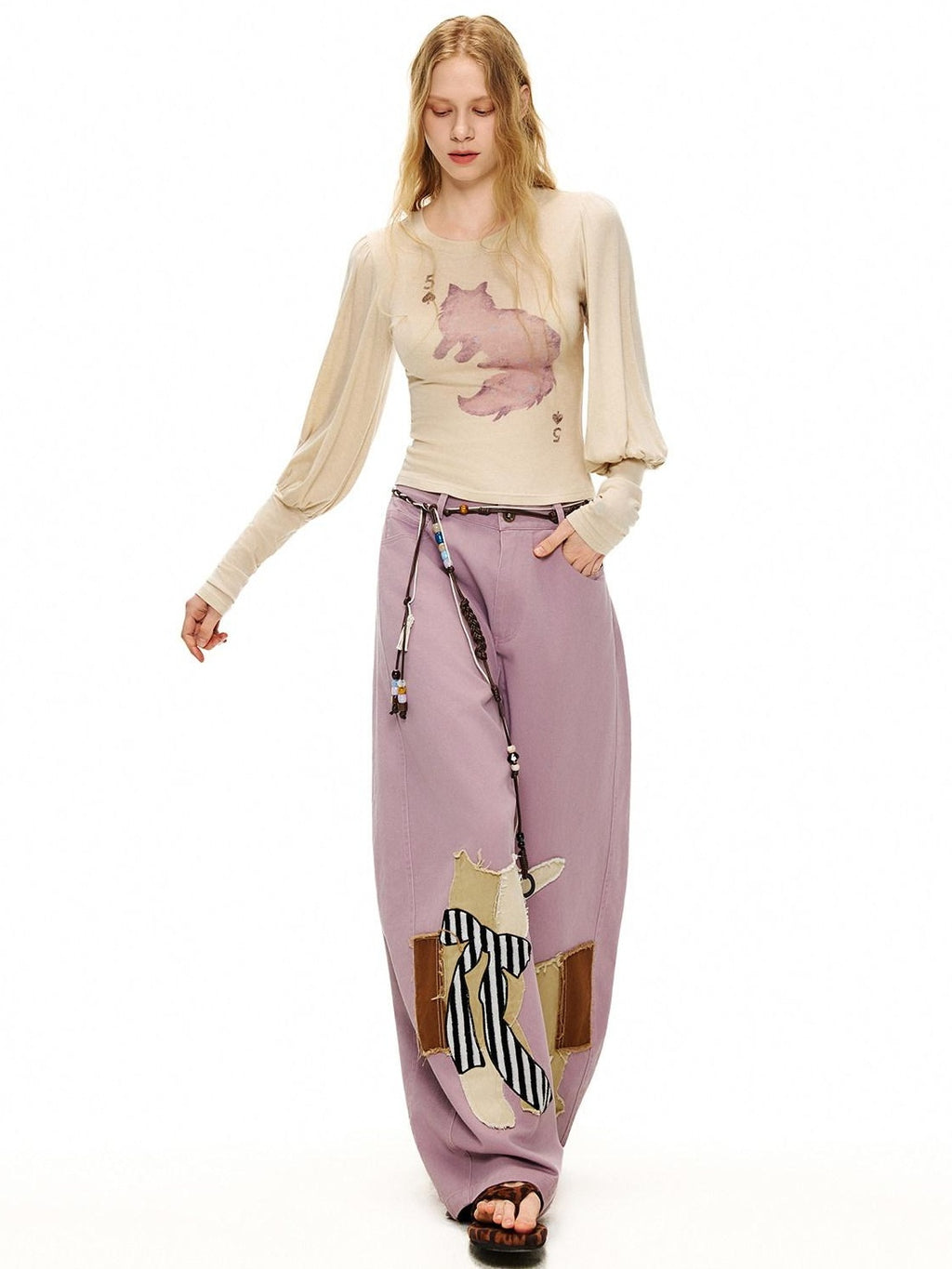 Outthe Blue Wool Retro Slim Puff Sleeve Crop Crew Women Animal Oatmeal Long Sleeve T-Shirts