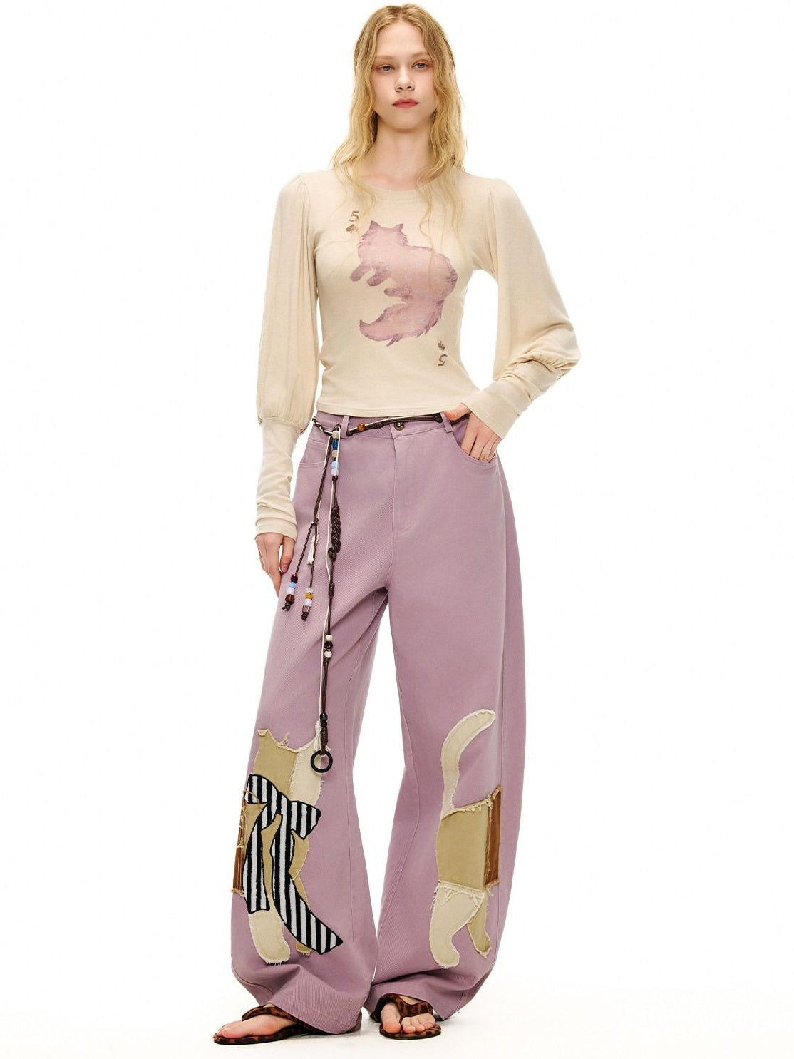 Outthe Blue Wool Retro Slim Puff Sleeve Crop Crew Women Animal Oatmeal Long Sleeve T-Shirts