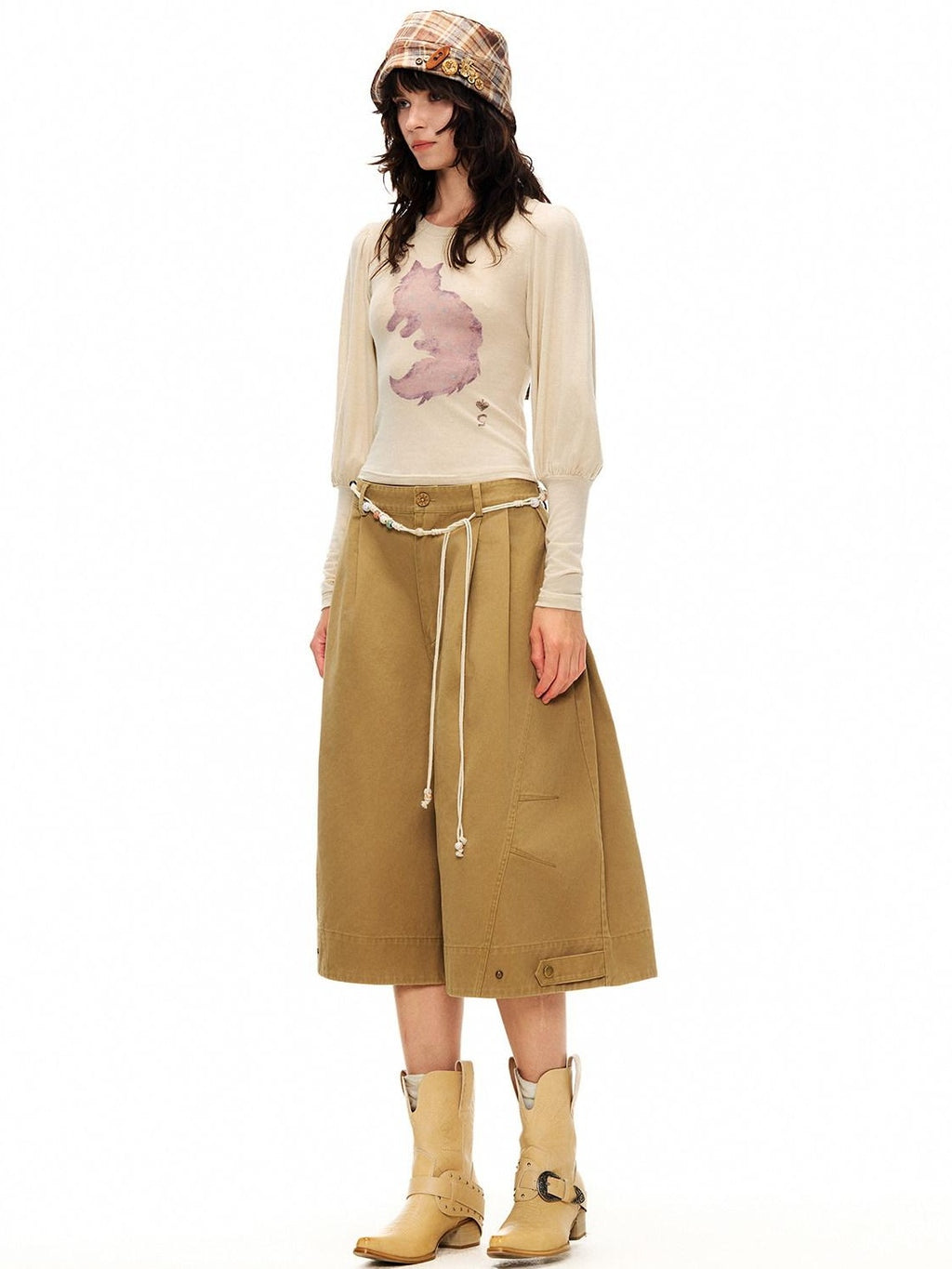 Outthe Blue Wool Retro Slim Puff Sleeve Crop Crew Women Animal Oatmeal Long Sleeve T-Shirts