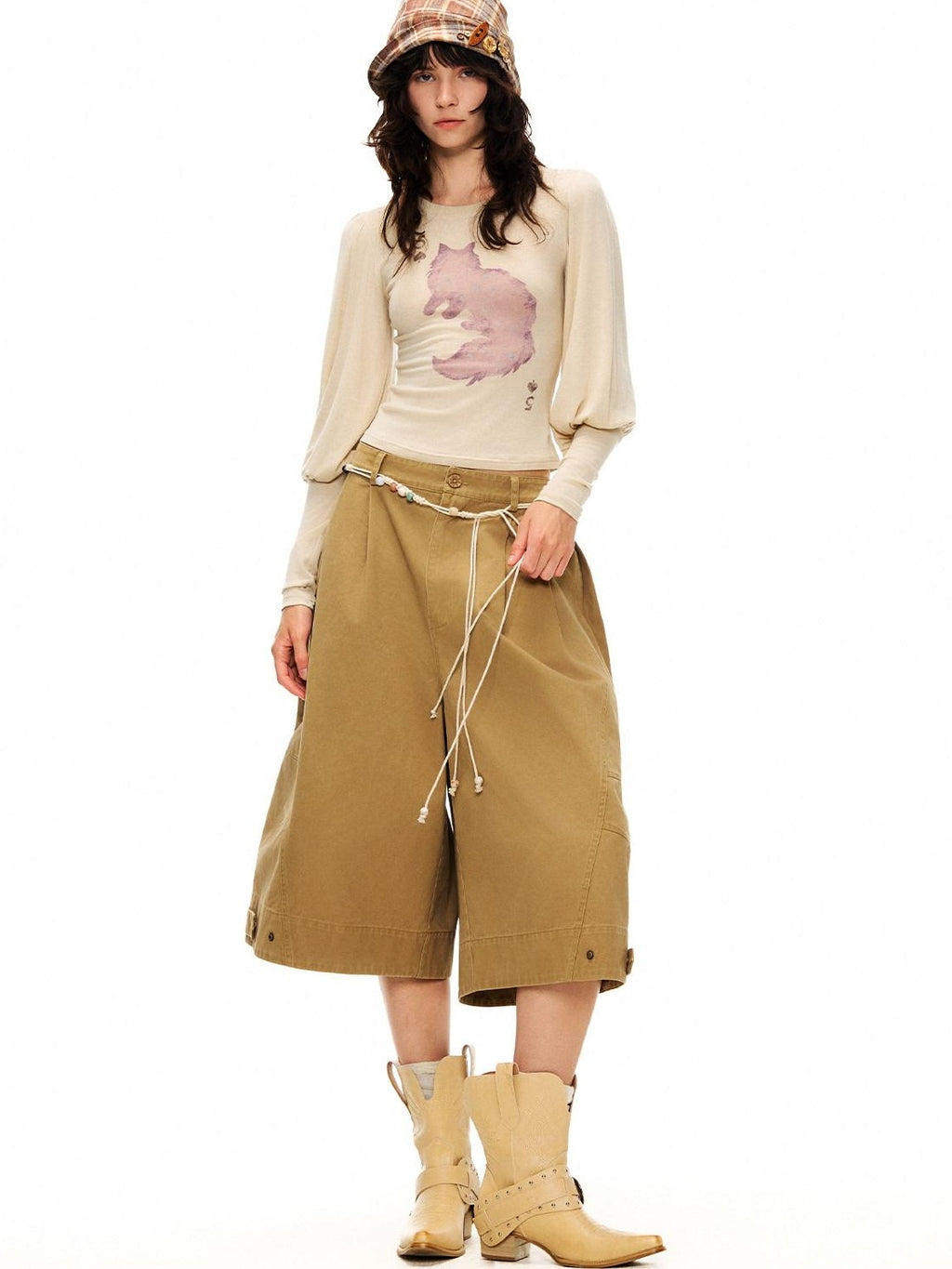 Outthe Blue Wool Retro Slim Puff Sleeve Crop Crew Women Animal Oatmeal Long Sleeve T-Shirts