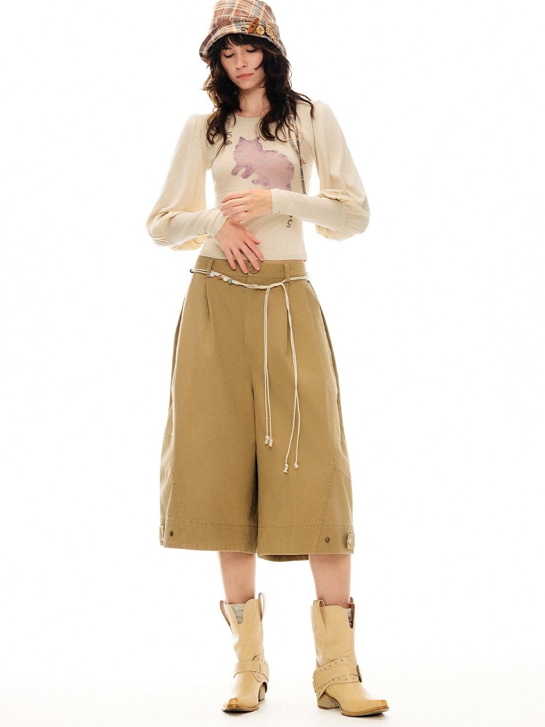 Outthe Blue Wool Retro Slim Puff Sleeve Crop Crew Women Animal Oatmeal Long Sleeve T-Shirts