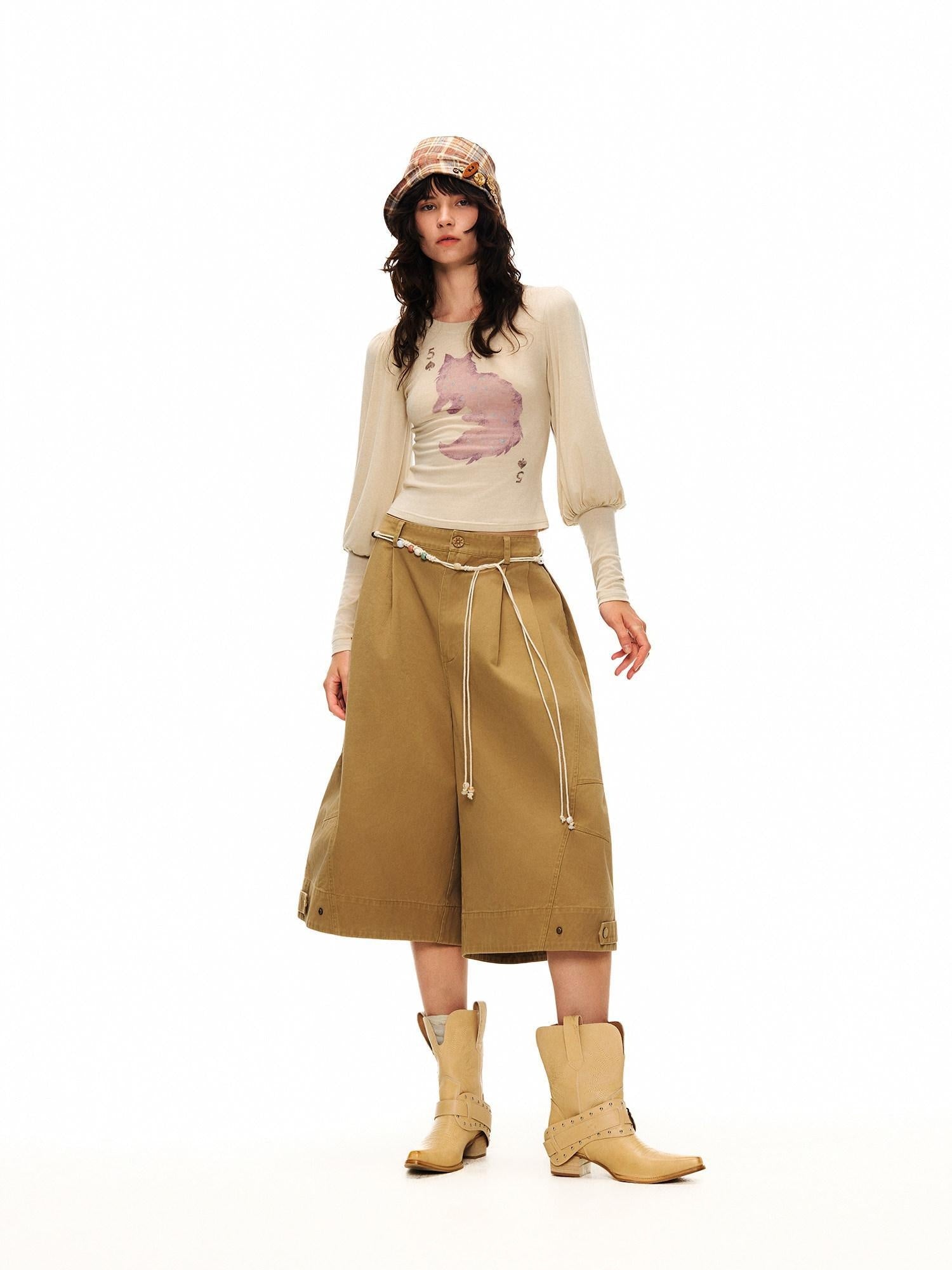 Outthe Blue Wool Retro Slim Puff Sleeve Crop Crew Women Animal Oatmeal Long Sleeve T-Shirts