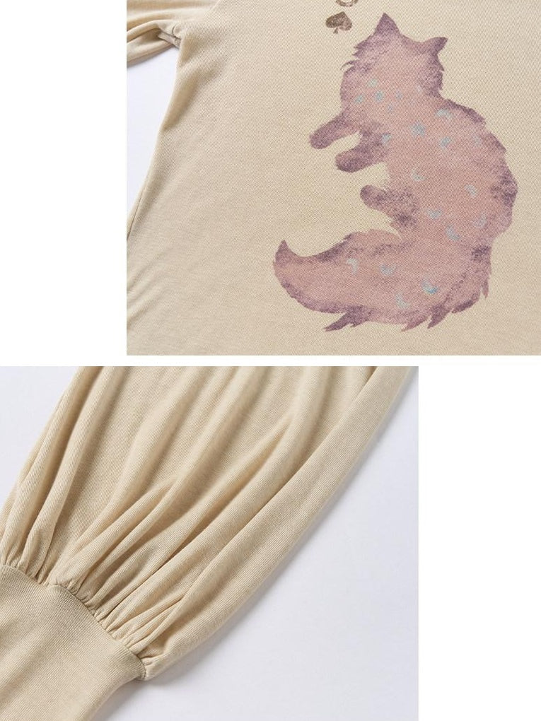 Outthe Blue Wool Retro Slim Puff Sleeve Crop Crew Women Animal Oatmeal Long Sleeve T-Shirts