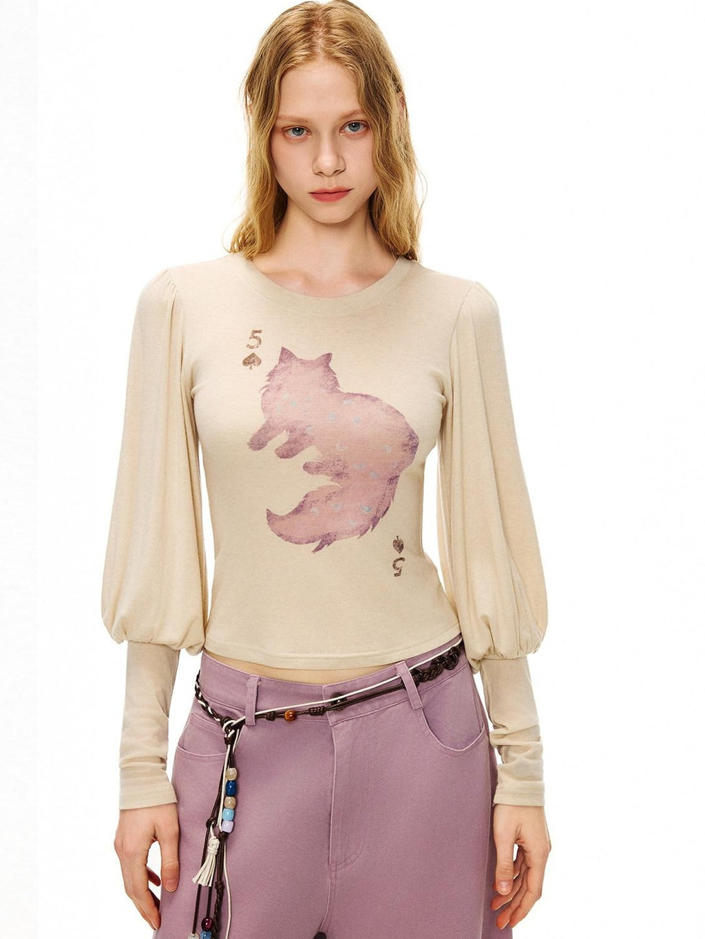 Outthe Blue Wool Retro Slim Puff Sleeve Crop Crew Women Animal Oatmeal Long Sleeve T-Shirts